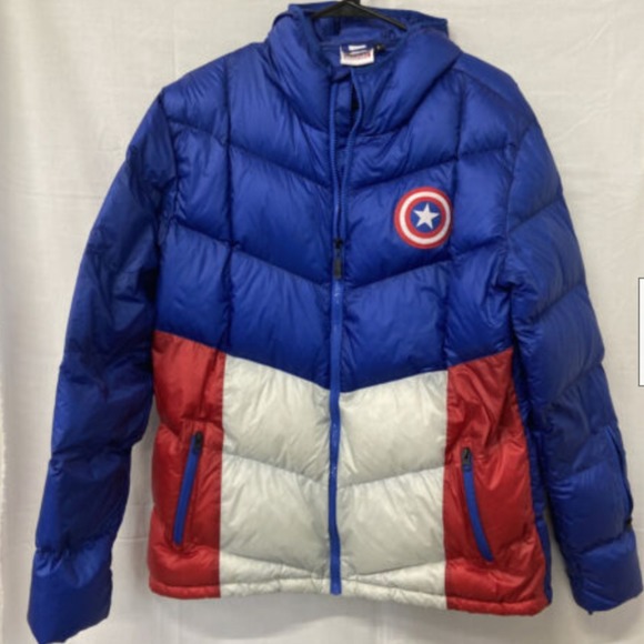 Marvel Captain America Red White Blue Puffy down jacket Hooded Large - Picture 1 of 4
